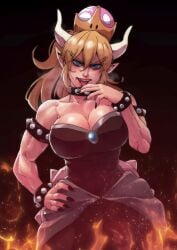 1girls armlet bare_shoulders biceps big_breasts black_background black_dress black_nail_polish black_nails blonde_hair blue_eyes bowsette bracelet bracelets breasts brooch busty choker cirenk claws cleavage collar crown curvy dress eye_contact fangs female female_focus female_only hand_on_hip hi_res high_resolution highres large_breasts light-skinned_female light_skin lips lipstick long_ears looking_at_viewer mario_(series) muscular muscular_female nail_polish nails new_super_mario_bros._u_deluxe nintendo open_mouth painted_nails pointy_ears pov_eye_contact red_lipstick sharp_fingernails sharp_nails simple_background smile smiling smiling_at_viewer solo solo_female solo_focus spiked_armlet spiked_bracelet spiked_bracelets spiked_choker spiked_collar strapless_dress super_crown tagme toned toned_body toned_female voluptuous