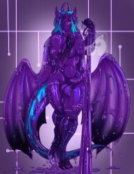 absurd_res anthro cybernetics cyborg dragon entropystar futanari goo_(disambiguation) goo_creature goo_dragon goo_dripping gooborg gynomorph hi_res intersex leash leash_pull looking_at_viewer machine male_only melting purple_body purple_dragon queen_vinyl_da.i'gyu-kazotetsu standing