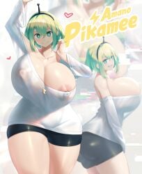 1girls alternate_body_type alternate_breast_size amano_pikamee areolae armpits ass bike_shorts blonde_hair breasts female green_eyes green_hair hi_res hips huge_ass huge_breasts large_areolae light-skinned_female light_skin looking_at_viewer nipples one_breast_out shirt short_hair short_shorts shorts sinensian smile thick_thighs thighs two_tone_hair virtual_youtuber voms_project white_shirt wide_hips