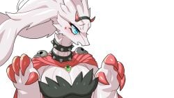 2022 big_breasts blue_eyes blush breasts cleavage dragon_girl drunkoak pokemon red_nails reshiram tagme white_background white_fur