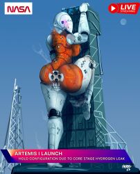 anthro back_boob big_breasts blue_sky blush blush_lines bodily_fluids boosters breasts clenched_teeth female genital_fluids havoc63 hi_res launchpad leaking leaning_against_wall living_machine living_vehicle logo machine masturbation moon nasa news news_report orange_body pussy_juice rocket sky solo space_launch_system spacecraft steam teeth tower us_flag vaginal_masturbation vaginal_penetration vehicle white_body