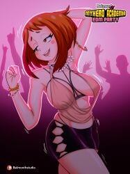 arm_up armpits belmont black_choker blush brown_eyes brown_hair dancing happy jewelry large_breasts miniskirt my_hero_academia necklace no_bra ochako_uraraka open_mouth rave skimpy_clothes skirt smile sweat thick_thighs thighs uncensored wide_hips