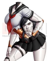 1girls alternate_version_available black_hair clothed clothing detachable_head disembodied_head dullahan female female_focus female_only fortnite headless holding_head lowres metallic_body red_eyes ripped_clothing robot robot_girl sailor_uniform school_uniform thedarkness thick_thighs tsuki_(fortnite)