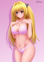 1girls blonde_hair bra breasts cleavage hair_ornament highres huge_breasts konjiki_no_yami long_hair looking_at_viewer navel panties pink_background pink_panties red_eyes simple_background solo standing thighs to_love-ru twintails underwear underwear_only very_long_hair zel-sama