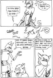 black_and_white canid canine canis clothing comic cybernetics cyborg female fox hi_res humor jackal machine maid_uniform male mammal monochrome robot sex tegerio uniform