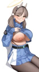 1girls 2022 big_areola big_nipples blue_archive bra bra_lift breasts_out dark_nipples fake_animal_ears female glasses huge_breasts huge_nipples leggings moe_(blue_archive) one_breast_out rabbit_squad_(blue_archive) senju_(snz0) shirt_lift skirt solo srt_special_academy_student sweater sweater_lift