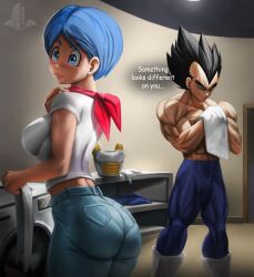 1boy 1girls abs armor ass big_ass black_hair blue_hair blush bottom_heavy breasts bubble_butt bulma_briefs clothing dat_ass dialogue doorway dragon_ball dragon_ball_super elitenappa fat_ass female huge_ass human husband husband_and_wife indoors large_ass male milf mother muscular muscular_male pants pantylines saiyan scarf shirt shirtless shounen_jump suspicious sweat sweatdrop text thick_thighs vegeta washing_machine wide_hips wife