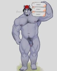 1boy anthro arm_hair bara black_hair body_hair chest_hair dark_hair facial_hair flaccid foreskin grey_skin hairy hairy_arms hairy_chest hairy_legs hairy_pubes hi_res male mammal muscular muscular_male nude rhinocerotoid ronixed strong twitter twitter_link uncircumcised uncut