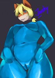 1girls 2016 anthro black_background black_collar blonde_hair blue_bodysuit blue_eyes blue_rubber blue_rubber_suit bodysuit breasts camel_toe cameltoe canid canine clothing collar female female_only fox fur genitals hair hi_res janice_brooks jooshy jpg latex latex_clothing looking_at_viewer looking_down mammal medium_breasts nipple_outline orange_body orange_fur pussy rubber rubber_clothing rubber_suit signature simple_background skinsuit solo standing tight_clothing