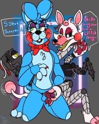 2022 2_heads absurd_res animatronic anthro balls black_nose blue_body blue_fur blush blush_stickers bodily_fluids buckteeth canid canine chest_tuft claws colored_nails dialogue duo embarrassed english_text eyelashes fangs female five_nights_at_freddy's five_nights_at_freddy's_2 fox frown fur genital_fluids genitals green_eyes half-closed_eyes handjob hi_res humiliation insult kneeling lagomorph leporid looking_at_genitalia looking_at_penis machine male male/female male_focus mammal mangle_(fnaf) multi_head nails narrowed_eyes open_mouth pawpads penile penis penis_humiliation precum rabbit red_nails robot scottgames sex signature simple_background small_penis small_penis_humiliation smile smug speech_bubble tail_motion tailwag teeth text tongue toy_bonnie_(fnaf) tuft unusual_bodily_fluids unusual_genital_fluids unusual_precum video_games vivismut white_body white_fur wire yellow_eyes yellow_tongue