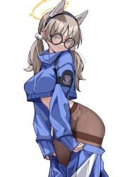 big_butt blue_archive fake_animal_ears glasses huge_breasts huge_butt leggings moe_(blue_archive) rabbit_squad_(blue_archive) skirt skirt_down srt_special_academy_student sweater tamago_(eva1314056) thick_thighs underboob undressing wide_hips