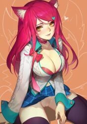 1girls academy_ahri ahri animal_ear_fluff animal_ears breasts female female_only league_of_legends looking_at_viewer skirt_lift smile songjikyo vagina yellow_eyes