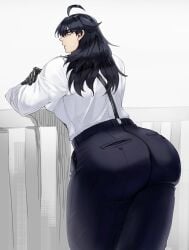 1boy ahoge ass big_ass big_butt big_thighs black_hair clothed clothing crossed_arms femboy girly gloves huge_ass huge_thighs kusohuuten long_hair male_only mantis0 muscle muscles muscular muscular_male red_eyes solo suit_pants suspenders thick thick_ass thick_thighs tight_clothing tight_fit tight_pants trap wide_hips