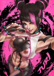 black_hair bodypaint breasts capcom female heterochromia jewelry juri_han lolipop looking_at_viewer monorirogue pierced_nipples piercing pink_hair pussy smile solo solo_female street_fighter street_fighter_6 two_tone_hair