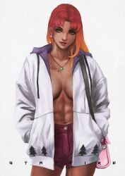 1girls bag breasts dc dc_comics female female_only green_eyes jewelry long_hair monorirogue necklace no_bra open_clothes red_hair solo standing starfire teen_titans