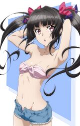 armpits arms_up artist_name black_hair blue_background breasts collarbone cowboy_shot female hair_ribbon highres long_hair miyabi_mt-b navel open_mouth panties red_eyes ribbon sarashi senki_zesshou_symphogear short_shorts shorts simple_background small_breasts solo striped striped_panties tsukuyomi_shirabe twintails underwear very_long_hair