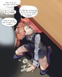 1boy 1girls 2d 2d_(artwork) 2d_artwork amanda_o'neill blowjob_under_table clothed_female clothed_sex covered_in_cum cum cum_in_mouth cum_on_body cum_on_breasts cum_on_clothes cum_on_face cum_on_hair english_text fantasy female femsub little_witch_academia maledom maledom_caption penis polyle rape small_breasts text under_the_table