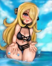 1girls bikini bikini_top blonde_female cynthia_(pokemon) daikiarts pokemon pokemon_dppt pool wet