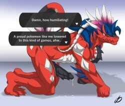 anthro bara bent_over big_penis blush boner embarrassed erection furry game_freak gay gflouf koraidon male male_only muscles muscular nintendo on_hands_and_knees penis pokemon pokemon_(species) pokemon_sv precum red_body scalie solo solo_male speech_bubble text