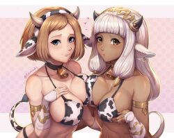 2girls absurdres alternate_costume animal_costume animal_ears animal_print arm_strap ash_(fire_emblem) bare_shoulders bell bikini black_horns blue_eyes blush breast_press breasts brown_eyes brown_hair choker cleavage cow_ears cow_girl cow_horns cow_print cow_tail cowbell dark-skinned_female dark_skin ear_piercing evomanaphy fake_animal_ears fake_horns female_only fire_emblem fire_emblem_heroes freckles gold_hairband gold_trim heart higher_resolution_available higher_resolution_duplicate highres horn_ornament horns jewelry kiran_(fire_emblem) kiran_(fire_emblem)_(female) large_breasts multiple_girls nintendo piercing short_hair silver_hair swimsuit tail twitter_username year_of_the_ox