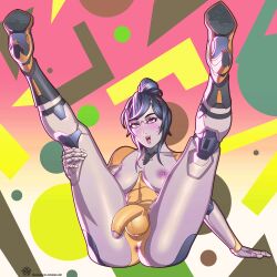 1futa ahe_gao alternate_version_available areolae balls big_breasts breasts cleavage erection fortnite futa_only futanari highres humanoid humanoid_penis legs_up looking_at_viewer mila_the_mute nipples nude orange_skin paid_reward penis purple_skin red_eyes robot_girl rolling_eyes solo tsuki_(fortnite) two_tone_body