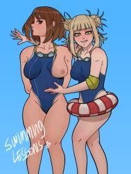 assisted_exposure big_breasts blonde_hair blue_background blush blushing_at_viewer breasts breasts_out brown_eyes brown_hair flashing flashing_breasts goggles goggles_around_neck himiko_toga lilliamfeels looking_at_viewer my_hero_academia ochako_uraraka one-piece_swimsuit one_breast_out poolside showing_breasts shy small_breasts smiling smiling_at_viewer swimming_pool swimsuit swimsuit_aside swimwear thick_thighs tights togaraka yellow_eyes