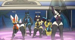 5girls anthro anthrofied big_breasts breasts canid canine canis cinderace clothed clothing cosplay_pikachu female female_only fur furry gardevoir group half-closed_eyes hi_res jhenightfox looking_back lucario masked_female nintendo pikachu pokemon pokemon_(species) pokemon_unite shortstack standing tagme tail thick_thighs thighhighs thunder_thighs tongue tongue_out wide_hips zeraora