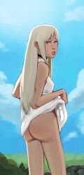 1girls ass blonde_hair blue_eyes blue_sky drawthread_request dress dress_lift female hotel_dusk light-skinned_female light_skin looking_at_viewer looking_back mila_(hotel_dusk) outdoors outside parted_lips presenting presenting_ass presenting_hindquarters redlever showing_ass skirt skirt_lift slender_legs small_bress solo solo_female solo_focus sunlight thighs