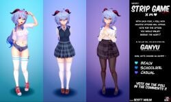 3d anime_style big_breasts big_thighs blue_hair brown_loafers busty choker ganyu_(genshin_impact) genshin_impact high_heels horn horns hot_pants hotpants koikatsu loafers long_hair looking_at_viewer necktie pantyhose plaid_skirt plain_background purple_eyes sanguine3dx school_uniform schoolgirl shorts smile smiling sneakers socks strip_game striped_socks sunglasses_on_head thigh_socks thighhighs thighs transparent_clothing white_socks wide_hips