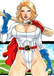 1girls baseball_bat big_breasts blonde_hair cleavage cleavage_cutout cleavage_overflow curvaceous curvy_body curvy_female curvy_figure dc dc_comics dcau ed_benes_studio huge_breasts justice_league_unlimited justice_society_of_america kara_zor-el karen_starr leotard looking_at_viewer milf power_girl short_hair signature solo_female superman_(series) thong_leotard vagner_fernandes voluptuous voluptuous_female white_leotard