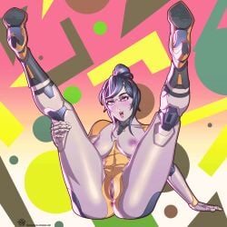 1girls ahe_gao alternate_version_available big_breasts black_hair blush bottomless cleavage eyes_rolling_back female female_focus female_only fortnite highres legs_apart legs_up metallic_body mila_the_mute nude nude_female red_eyes robot robot_girl tongue tongue_out topless tsuki_(fortnite) vagina