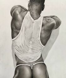 african african_male ass back_muscles black_and_white brad_welch_art butt male male_only melanin muscles muscular muscular_male pencil_(artwork) sketch tank_top thong uncolored wet