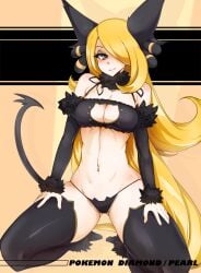 1girls black_bra black_eyes black_lingerie black_panties blonde_hair bra breasts cat_ears cat_keyhole_bra cat_keyhole_lingerie cat_lingerie cat_tail choker cosplay cynthia_(pokemon) fake_animal_ears fake_tail hair_ornament hair_over_one_eye kneeling long_hair looking_at_viewer medium_breasts midriff navel navel_piercing nintendo panties pokemon pokemon_dppt purrloin slugbox thighhighs wariza