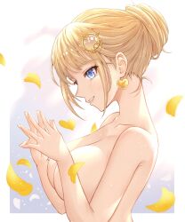 1girls blonde_hair blue_eyes breasts heart_earrings hololive hololive_english hololive_myth honkivampy light-skinned_female naked nude petals tied_hair upper_body virtual_youtuber watson_amelia