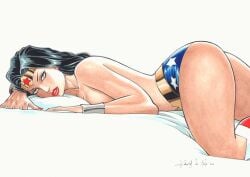 1girls ass big_breasts black_hair blue_eyes curvaceous curvy_body curvy_female curvy_figure dc dc_comics diana_prince ed_benes_studio female female_only long_hair looking_at_viewer no_bra on_bed red_lipstick rubismar_da_costa signature solo tagme tiara topless voluptuous wonder_woman wonder_woman_(series)