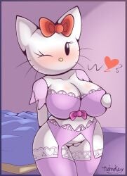 anthro blush bow_(feature) bow_accessory breasts clothing domestic_cat felid feline felis female fur garter_belt garter_straps genitals hello_kitty hello_kitty_(character) hello_kitty_(series) hi_res kitty_white legwear lingerie mammal nehmkey one_eye_closed pussy sanrio solo white_body white_fur wink