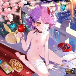 androgynous bandages barefoot benghuai_xueyuan blue_butterfly breasts bug butterfly choker female grey_eyes heterochromia homu_(honkai_impact) honkai_(series) looking_at_viewer multicolored_hair nipples nude pink_hair pink_purple_hair purple_hair sharp_teeth short_hair sin_mal sin_mal0909 sitting small_breasts smile solo split-color_hair teeth wariza yellow_eyes