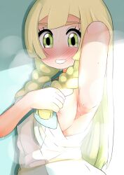 1girls armpit_fetish armpits arms_up big_eyes blush breasts female green_eyes heppushu lillie_(pokemon) looking_at_viewer moist nipples pokemon pokemon_sm sideboob smell smelly_armpits smile solo steam sweat teeth