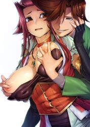 1boy 1girls akiza_izinski black_sleeves blush breast_grab breast_squeeze brown_eyes cleavage female from_behind izayoi_aki large_breasts long_sleeves medium_hair necklace nipples no_bra open_mouth playing_with_nipple red_choker red_hair sayer sayer_(yu-gi-oh!_5d's) sleeves_past_elbows ts422 uncensored yu-gi-oh! yu-gi-oh!_5d's