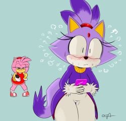 2girls amy_rose anthro big_ass blaze_the_cat blush busty clothing curvy_figure embarrassed female female_only grin huge_ass humor looking_at_viewer ota_(artist) phone sega shocked_expression smug smug_face smug_grin sonic_(series) sonic_the_hedgehog_(series) standing_behind sweatdrop thick_thighs yuri