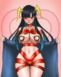 1girls belly_button black_hair black_nails blush breasts chocolate chocolate_on_breasts female female_only horns huge_breasts human_gift ikari_iivo inviting light-skinned_female light_skin nose_blush pixela_legends pixela_project red_eyes seductive solo umino_ciala virtual_youtuber wrapped wrappings wraps