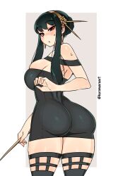 1girls ass ass_in_dress assassin big_ass big_breasts black_hair blush breasts dress female_only fully_clothed hairband kuromaruart light_skin mature_female red_eyes solo solo_female spy_x_family standing stiletto_(weapon) sweat sweatdrop thick_thighs thighs thorn_princess tight_clothing tight_dress tight_fit wide_hips yor_briar