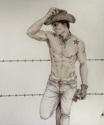 1boy brad_welch_art brandon_laabs caucasian caucasian_male cowboy cowboy_hat instagram_model jeans male male_only muscles muscular muscular_male outdoors outside pencil_(artwork) real_person sepia sketch solo solo_male tanline tattoo