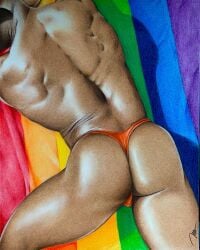 african african_male ass back_muscles brad_welch_art butt colored_pencil_(artwork) colored_sketch instagram_model laying_on_stomach lgbt_pride lgbtq+ male male_only melanin muscles muscular muscular_male pencil_(artwork) phil_young pride_colors real_person sketch thong