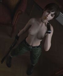 3d casual casual_topless female fingerless_gloves firearm footwear handwear human lollipop missally neckwear pale_skin rebecca_chambers resident_evil short_hair shotgun topless weapon