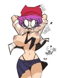 2022 big_breasts borrowed_character breasts bursting_breasts button_pop exposed_breasts mrtv_studios navel necktie nipples purple_hair skirt tagme wardrobe_malfunction