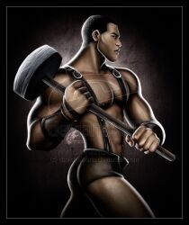 1boy abs african african_male american_mythology ass bara biceps black_hair bracelet bracelets brown_background brown_underwear butt dark-skinned_male dark_skin disney folklore hammer holding_hammer holding_object human human_only john_henry_(2000) john_henry_(folklore) kawena male male_focus male_only melanin muscles muscular muscular_male mythology nipple north_american_mythology pecs pectorals pose posing public_domain side_profile standing suspenders underwear underwear_only