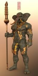 2021 3d_(artwork) absurd_res anthro blender_(software) bodypaint bracelet chastity_device digital_media_(artwork) elephantid gold_(metal) hi_res holding_object jewelry male mammal markings necklace nude proboscidean simple_background solo staff standing tribal tribal_markings ugnaughtsden