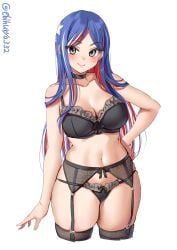 alternate_costume bangs black_bra black_choker black_thighhighs blue_eyes bra breasts choker cleavage closed_mouth cropped_legs ebifurya female garter_belt grey_eyes hand_on_hip highres kantai_collection large_breasts lingerie long_hair looking_at_viewer midriff multicolored_hair navel one-hour_drawing_challenge panties panties_over_garter_belt parted_bangs simple_background smile solo south_dakota_(kantai_collection) thighhighs twitter_username underwear underwear_only very_long_hair white_background