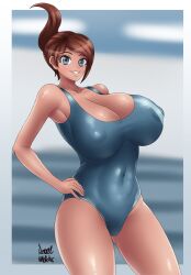 asahina_aoi azraelwebster breasts breasts_bigger_than_head cleavage danganronpa danganronpa:_trigger_happy_havoc danganronpa_1 female_only huge_breasts large_breasts nipple_bulge one-piece_swimsuit smooth_skin swimsuit tanned tanned_female tanned_skin thighs